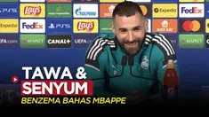Berita video momen tawa dan senyum Karim Benzema saat membahas soal Kylian Mbappe jelang laga 16 besar Liga Champions 2021/2022, PSG vs Real Madrid.