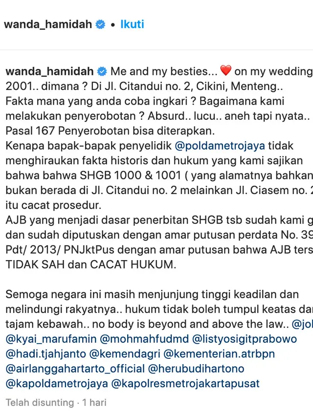 Unggahan Wanda Hamidah. (Foto: Instagram @wanda_hamidah)