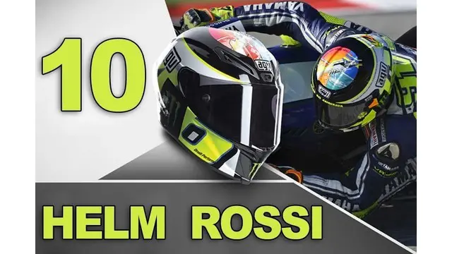 Video 10 desain helm-helm Valentino Rossi terbaik versi Crash.net. Salah satunya desain bergambar wajah Valentino Rossi yang digunakan pada GP Italia di tahun 2008.