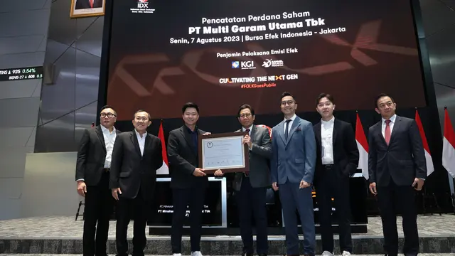 Pencatatan perdana saham PT Multi Garam Utama Tbk (FOLK), Senin (7/8/2023). (Foto: BEI)