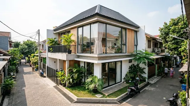 Model Rumah untuk Lahan Pojok Gang yang Tetap Terang dan Berangin (AI Generated)