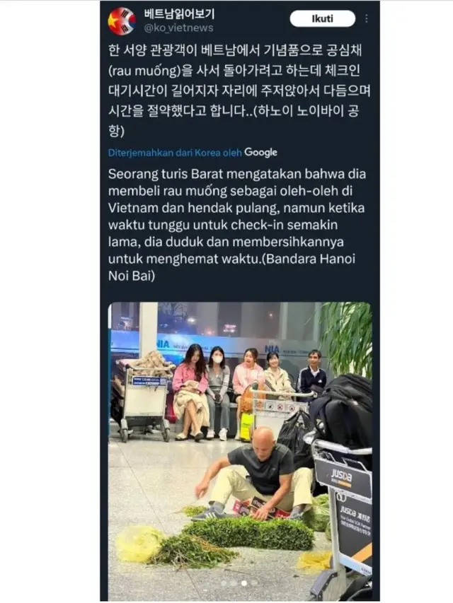 Menunggu Pesawat Delay, Pria di Bandara Vietnam Cuek Bersihkan Kangkung di Lantai