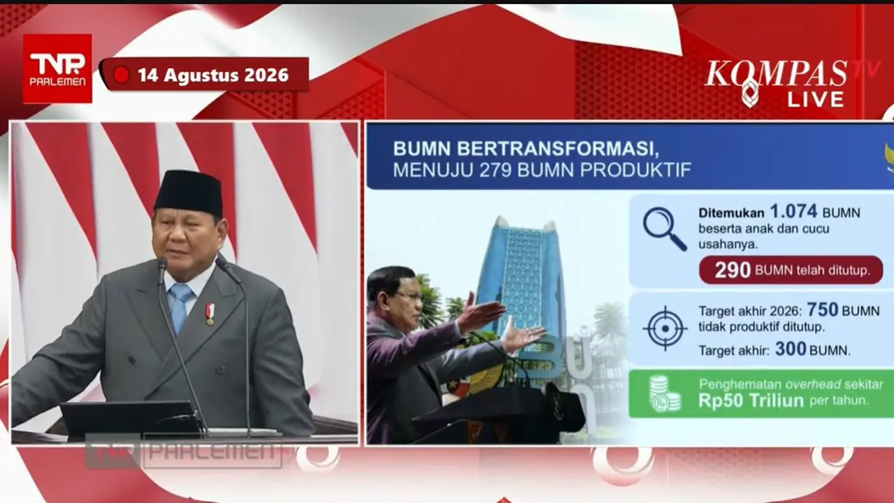 Presiden Prabowo Subianto dalam Sidang Tahunan MPR RI dan Sidang Bersama DPR RI dan DPD RI Tahun 2026, Jumat (14/8/2026).