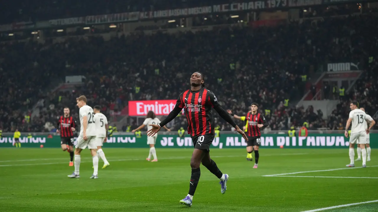 Rafael Leao dari AC Milan merayakan gol dalam laga Serie A melawan Lazio