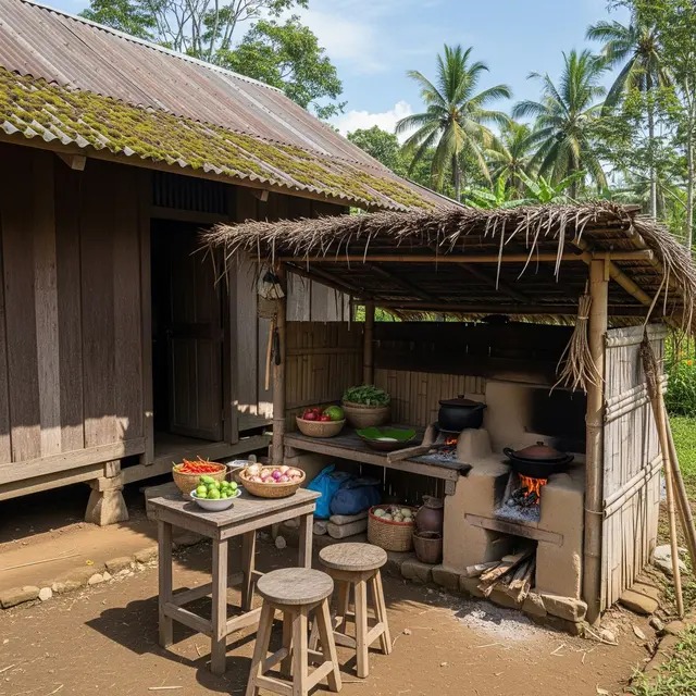 Desain Rumah Desa dengan Dapur Outdoor Sederhana (Image by Gemini AI)