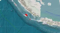 Gempa Magnitudo 5,3 mengguncang wilayah Pantai Barat Sumatera, Pesisir Barat, Lampung, Senin malam (5/8/2024). (Liputan6.com/ Dok BMKG)