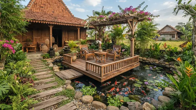 Model Dek Kayu Mini di Atas Kolam, Solusi Cantik untuk Ruang Santai Outdoor Desain Mini Persegi di Tengah Kolam
