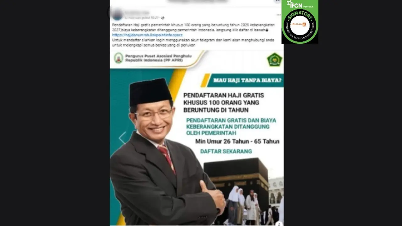 Cek Fakta Liputan6.com mendapati klaim link pendaftaran haji gratis dari pemerintah untuk 100 orang beruntung.
