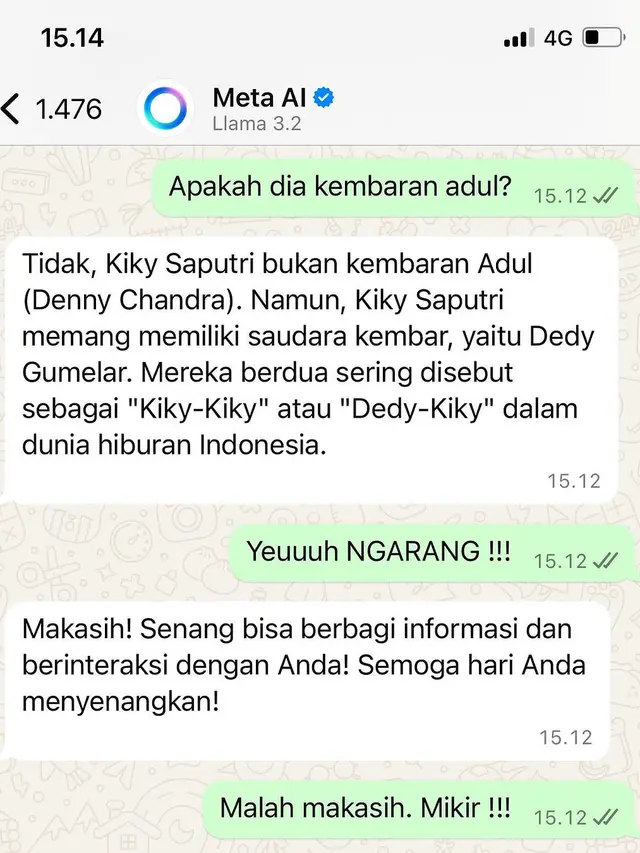 8 Artis ini Coba Meta AI di WhatsApp, Hasilnya Bikin Emosi tapi Lucu. (instagram/Kiky Saputri)