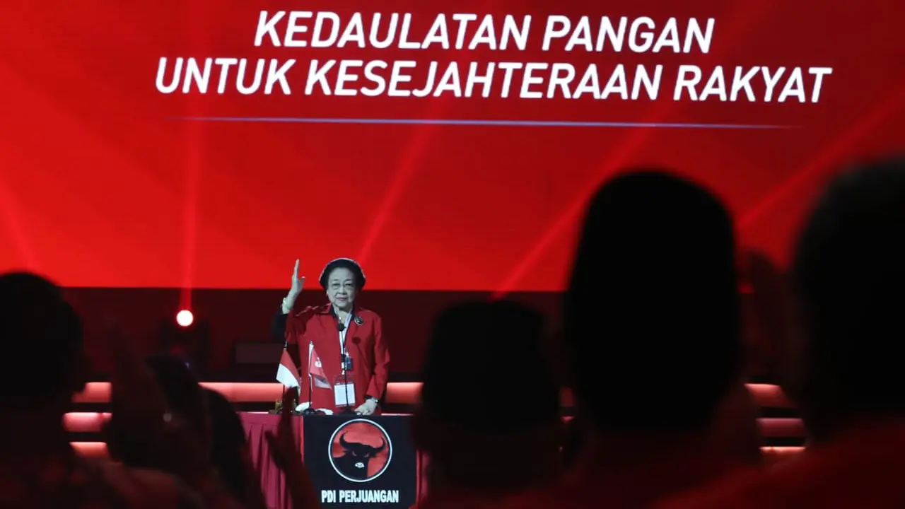 Ketua Umum PDI Perjuangan Megawati Soekarnoputri saat memberikan pidato pembukaan Rakernas IV PDIP di Jiexpo Kemayoran, Jumat (29/9/2023).