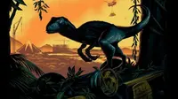 Sang dinosaurus terlihat berdiri di atas kendaraan Jurassic Park yang sudah terbengkalai di poster baru Jurassic World.