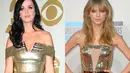 Nah ini ketika Katy Perry dan Taylor Swift memakai dress dengan warna emas. (REX/Shutterstock/HollywoodLife)