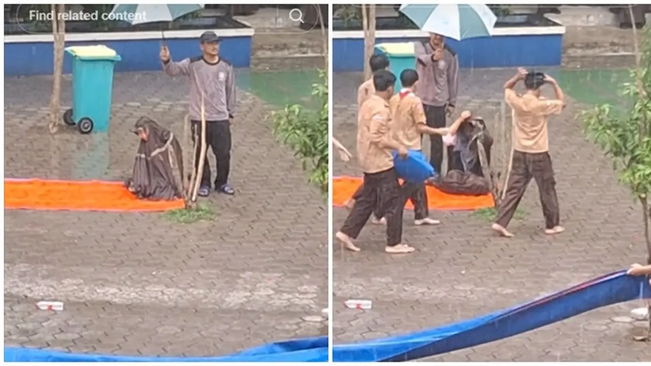 Rela Kehujanan, Aksi Mulia Satpam Payungi Guru Sedang Shalat di Lapangan Ini Viral