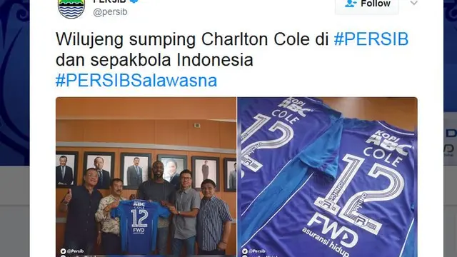 Twitter Persib Bandung menyambut kedatangan Carlton Cole