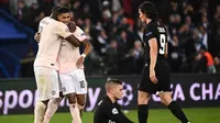 Manchester United berhasil lolos ke perempat final Liga Champions berkat keunggulan gol tandang dalam agregat 3-3. Pada pertandingan leg kedua di Parc des Princes, Rabu (6/3/2019), MU menang 3-1 atas PSG. (AFP/FRANCK FIFE)