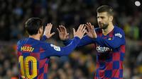 3. Gerard Pique (483 laga) - Pique menjadi rekan Lionel Messi di Barcelona sejak tahun 2008. Selama 12 tahun berseragam Barcelona, Pique tercatat 483 kali bermain bersama Messi. (AFP/Lluis Gene)