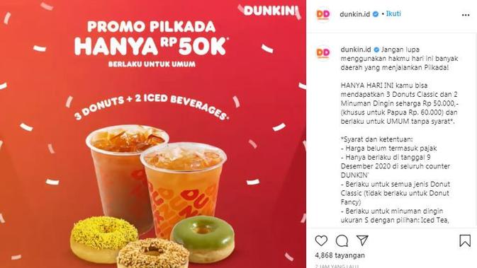 Dunkin' Donuts memberikan promo menarik bagi para pelanggannya saat Pilkada 2020 (dok.instagram/@dunkin.id/https://www.instagram.com/p/CIj5d5uDmfl/https://www.instagram.com/p/CIj5d5uDmfl/Komarudin)