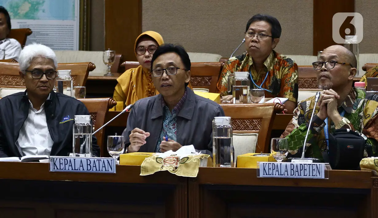 Kepala Badan Tenaga Nuklir Nasional (Batan), Anhar Riza Antariksawan dan Kepala Badan Pengawasan Tenaga Nuklir (Bapeten), Jazi Eko Istiyanto (kanan) memberikan paparan saat Rapat Dengar Pendapat dengan Komisi VII DPR di Kompleks Parlemen Jakarta, Kamis (20/2/2020). (Liputan6.com/Johan Tallo)