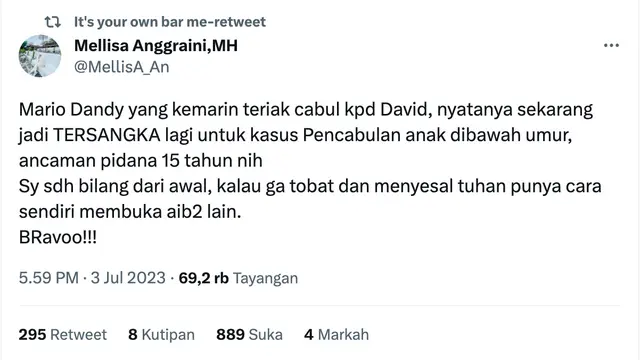 Cuitan pengacara David Ozora, Mellisa Anggraini. (Foto: Dok. Twitter @MellisA_An)