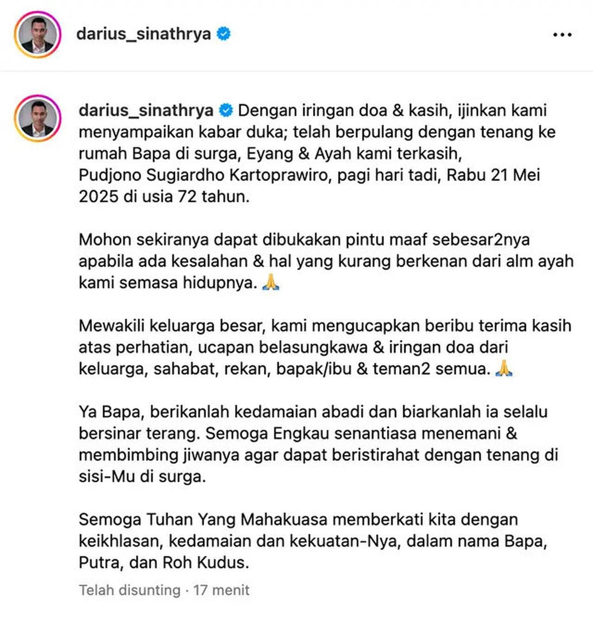 Ayah Darius Sinathrya Meninggal Dunia Dalam Usia 72 Tahun