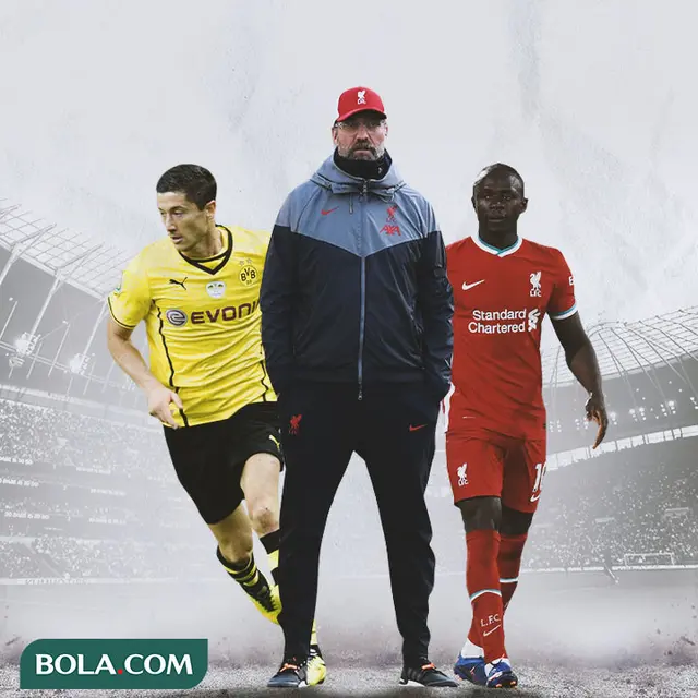 Ilustrasi - Jurgen Klopp, Robert Lewandowski, Sadio Mane