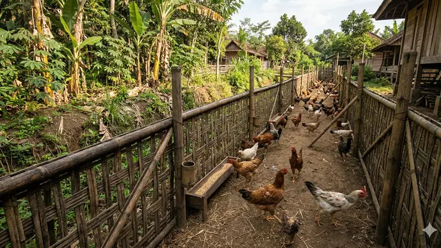 Kandang Ayam Umbaran dengan Pagar Bambu (Foto: Gemini AI)