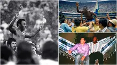 Foto kolase pemain sopak bola Brasil, Edson Arantes do Nascimento atau Pele. (AP Photo/Richard Drew/G. Copolla)