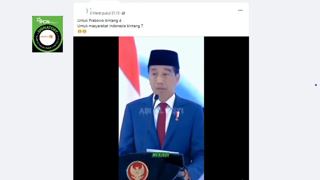 Tangkapan layar klaim video pidato Presiden Jokowi minta masyarakat tak protes kenaikan pangkat bintang 4 Prabowo