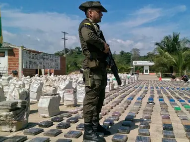 Seorang polisi Kolombia berdiri di antara 8 ton kokain dalam bentuk bungkusan paket yang disita di sepanjang wilayah perbatasan dengan Panama, Minggu (15/5). Menurut pejabat setempat, ini adalah penemuan terbesar di Kolombia. (Colombian Police/AFP)