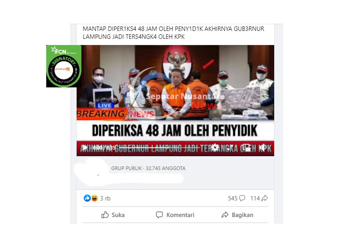 Tangkapan layar klaim video KPK tetapkan Gubernur Lampung tersangka setelah diperiksa 48 jam