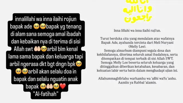 Ungkapan duka Arbil Fahrisan dan Manajer Melly Lee