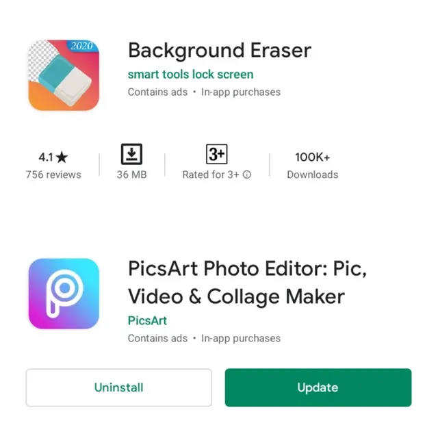 Ilustrasi Aplikasi Background Eraser dan Picsart (Sumber: Playstore)