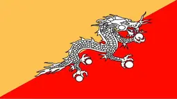 Bendera Bhutan menampilkan hewan mitologi Naga di dalam benderanya. Thunder Dragon dianggap menyeimbangkan antara segitiga oranye dan kuning, yang mewakili kekuatan sekuler dan spiritual. (Wikipedia.com)