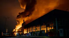Petugas pemadam kebakaran Layanan Darurat Negara Ukraina memadamkan api setelah penembakan Rusia menghantam sebuah pusat perbelanjaan di Kherson, Ukraina, 3 Februari 2023. Asap membumbung tinggi dari pusat perbelanjaan yang terbakar setelah serangan Rusia ke pusat perbelanjaan tersebut. (AP Photo/LIBKOS)