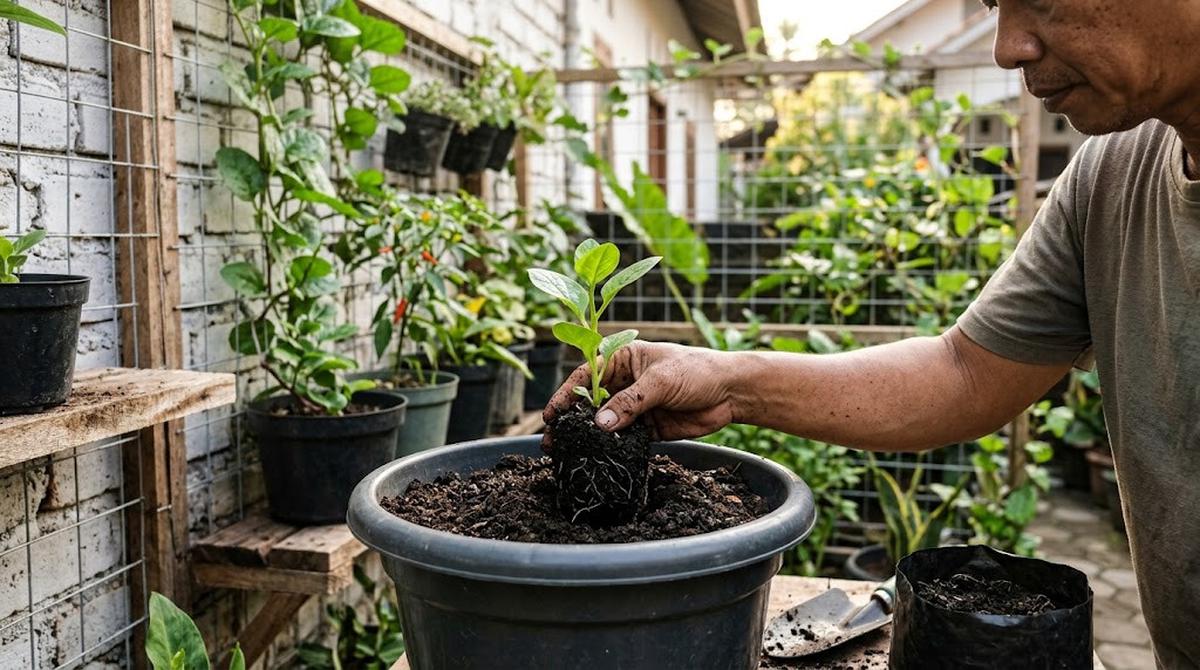 Proses Pemindahan Bibit Bayam (Transplanting) ke Wadah Utama