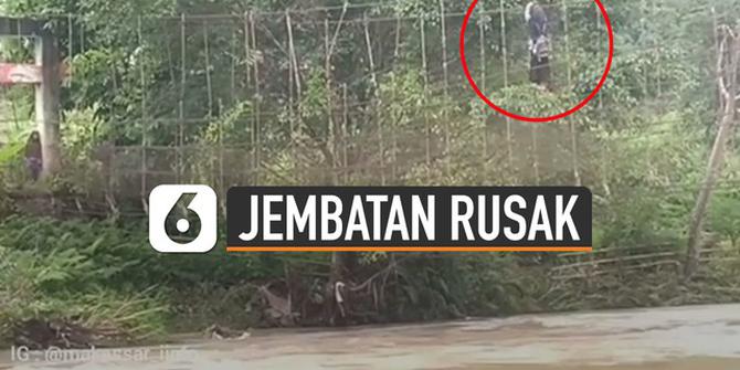 VIDEO: Ngeri, Pelajar Nekat Gelantungan Di Tali Jembatan Rusak Saat Sebrangi Sungai