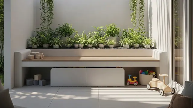 Desain Teras Ramah Balita dengan Kebun Mini Model Bangku Menempel di Kebun Mini