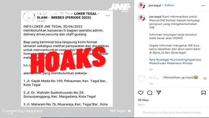 <p>Gambar Tangkapan Layar Unggahan dari Akun Instagram @jne.tegal.</p>