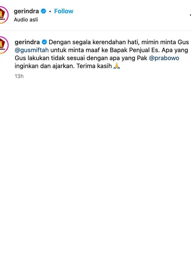 Pernyataan Partai Gerindra terkait kasus viral Gus Miftah. (Foto: Dok. Instagram @gerindra)