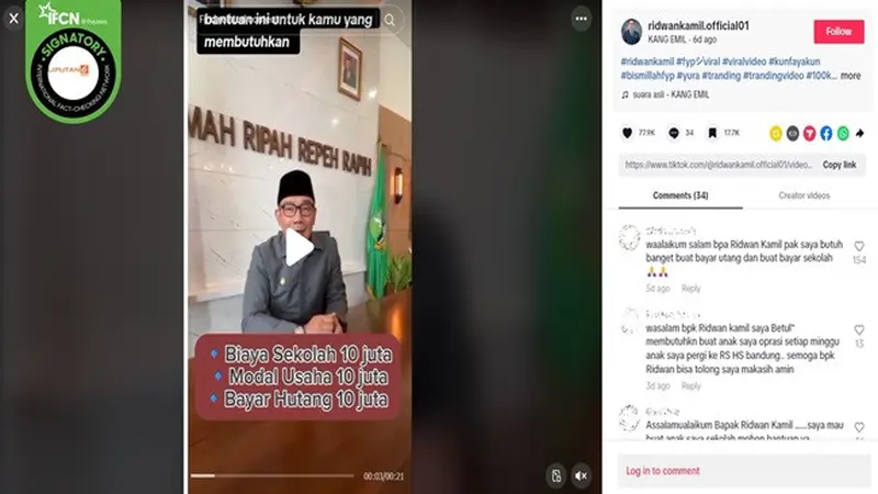 Gambar tangkapan layar video Ridwan Kamil memberikan bantuan uang tunai puluhan juta lewat TikTok. (sumber: TikTok)