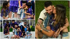 Foto kolase pemain Argentina Lionel Messi bersama keluarganya merayakan kemenangan atas Prancis pada pertandingan sepak bola final Piala Dunia 2022 di Stadion Lusail, Lusail, Qatar, 18 Desember 2022. Argentina menang 4-2 atas Prancis melalui drama adu penalti setelah pertandingan berakhir imbang 3-3.&nbsp;(AP Photo/Manu Fernandez/Francisco Seco)