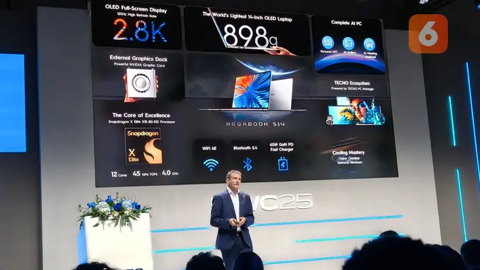 Tecno resmi meluncurkan Megabook S14 di ajang MWC Barcelona 2025. (Liputan6.com/Agustinus M. Damar)