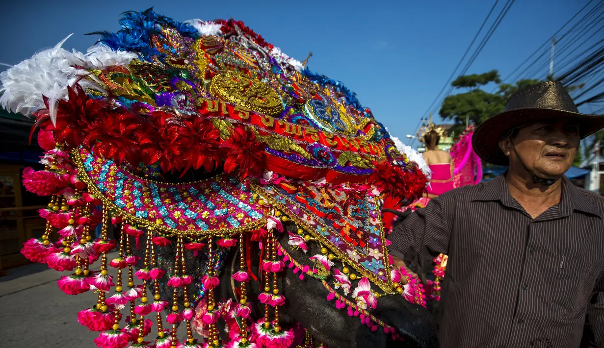 Seorang petani membawa kerbau yang dihiasi hiasan dalam festival balap kerbau di Chonburi, Thailand (26/10/2015). Festival tahunan itu diikuti puluhan petani di Chonburi untuk merayakan panen padi. (Reuters/Athit Perawongmetha)