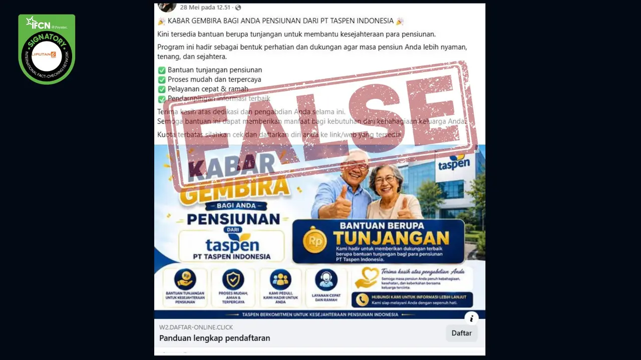 Cek Fakta Liputan6.com menangkap layar klaim link pendaftaran tunjangan kesejahteraan pensiunan dari Taspen