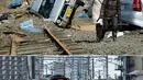 Foto kombinasi menunjukkan orang-orang (atas) berjalan di rel kereta api yang dipenuhi mobil di Tagajo, prefektur Miyagi pada 13 Maret 2011; dan area yang sama hampir 10 tahun kemudian (bawah) pada 26 Januari 2021.   (AFP/Toru Yamanaka, Kazuhiro Nogi)