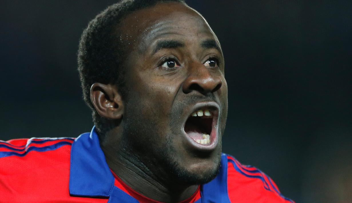Ekspresi Seydou Doumbia setelah mencetak gol ke gawang MU dalam lanjutan Grup B Liga Champions di Stadion Arena Khimki, Moscow, Rusia, Kamis (22/10/2015) dini hari WIB. (EPA/Yuri Kochetkov)