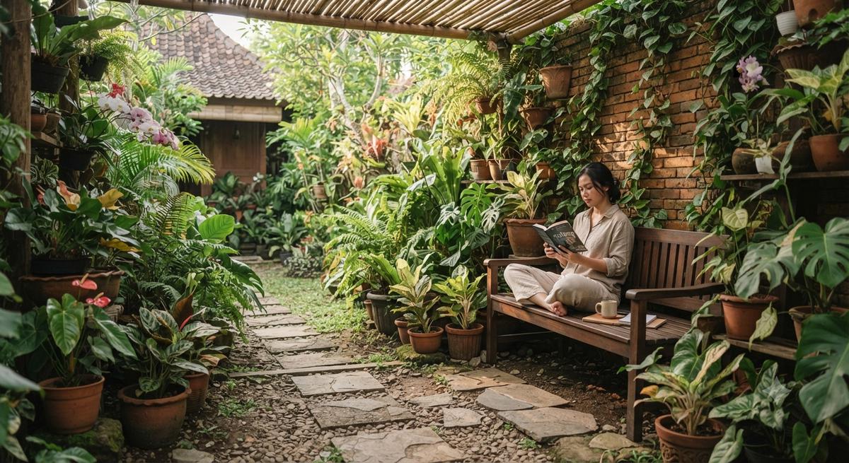 Ide taman yang tetap cantik meski tanpa rumput dan cocok untuk pemilik introvert model sudut duduk yang menyatu dengan tanaman