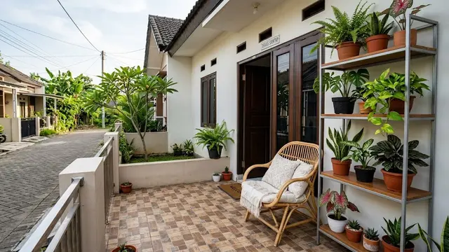 Teras Kecil dengan Satu Kursi Santai dan Rak Tanaman Tinggi