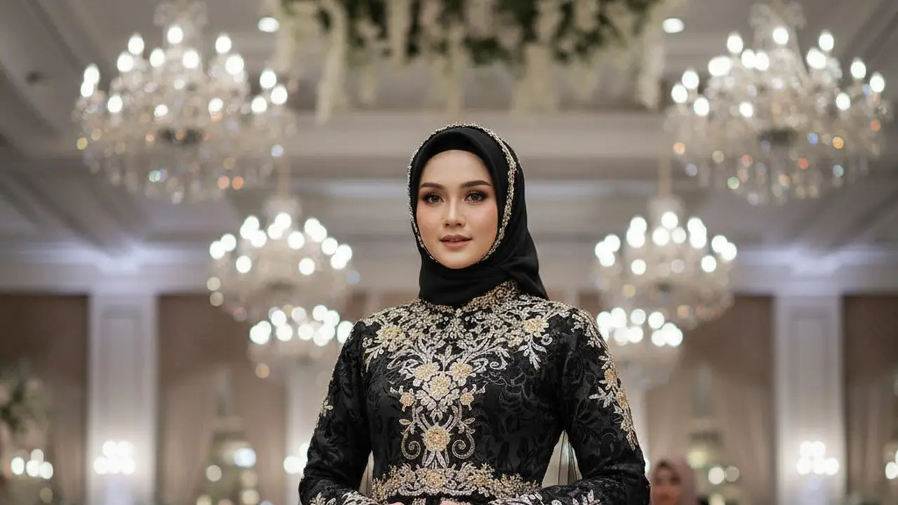 Model Gamis Hitam Bordir Emas Kombinasi Silver (Image by Gemini)