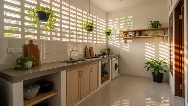 Inspirasi Dapur Belakang dengan Ventilasi Roster Sepanjang Dinding sebagai Solusi Tanpa Bau dan Lembap Model Roster dengan Area Cuci Menyatu